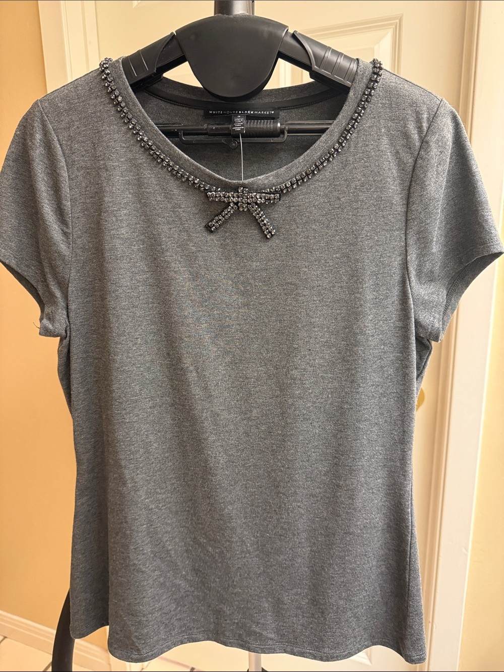 White House Black Market Gray Short Sleeve Knit Top with Beaded Bow